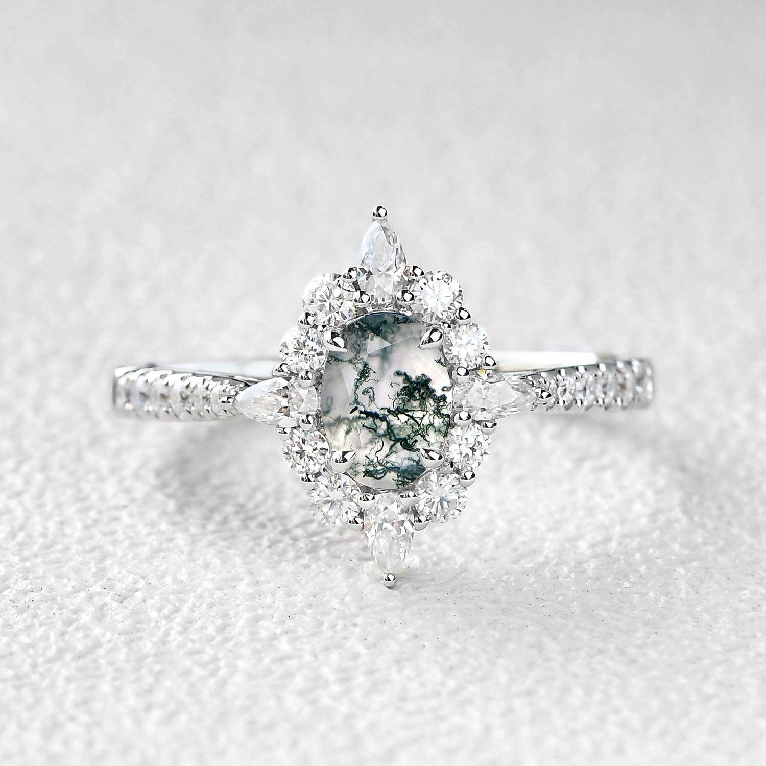 Gorgeous appearance Oval Shaped Vintage Moss Agate Halo Engagement Ring