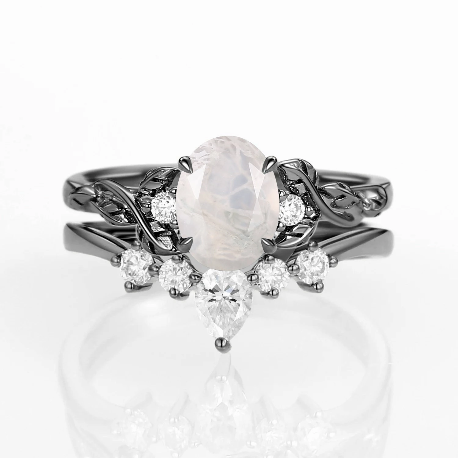 Oval Shaped White Gold Moss Agate Leafy Ring Set 2pcs Sentimental Accessory Glamorous Accessory