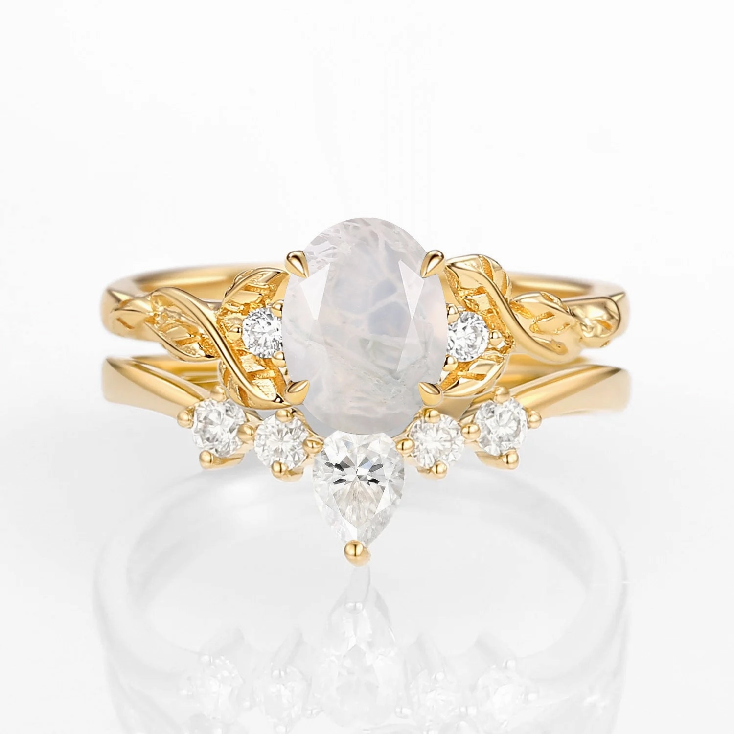 Oval Shaped White Gold Moss Agate Leafy Ring Set 2pcs Rigid Structure