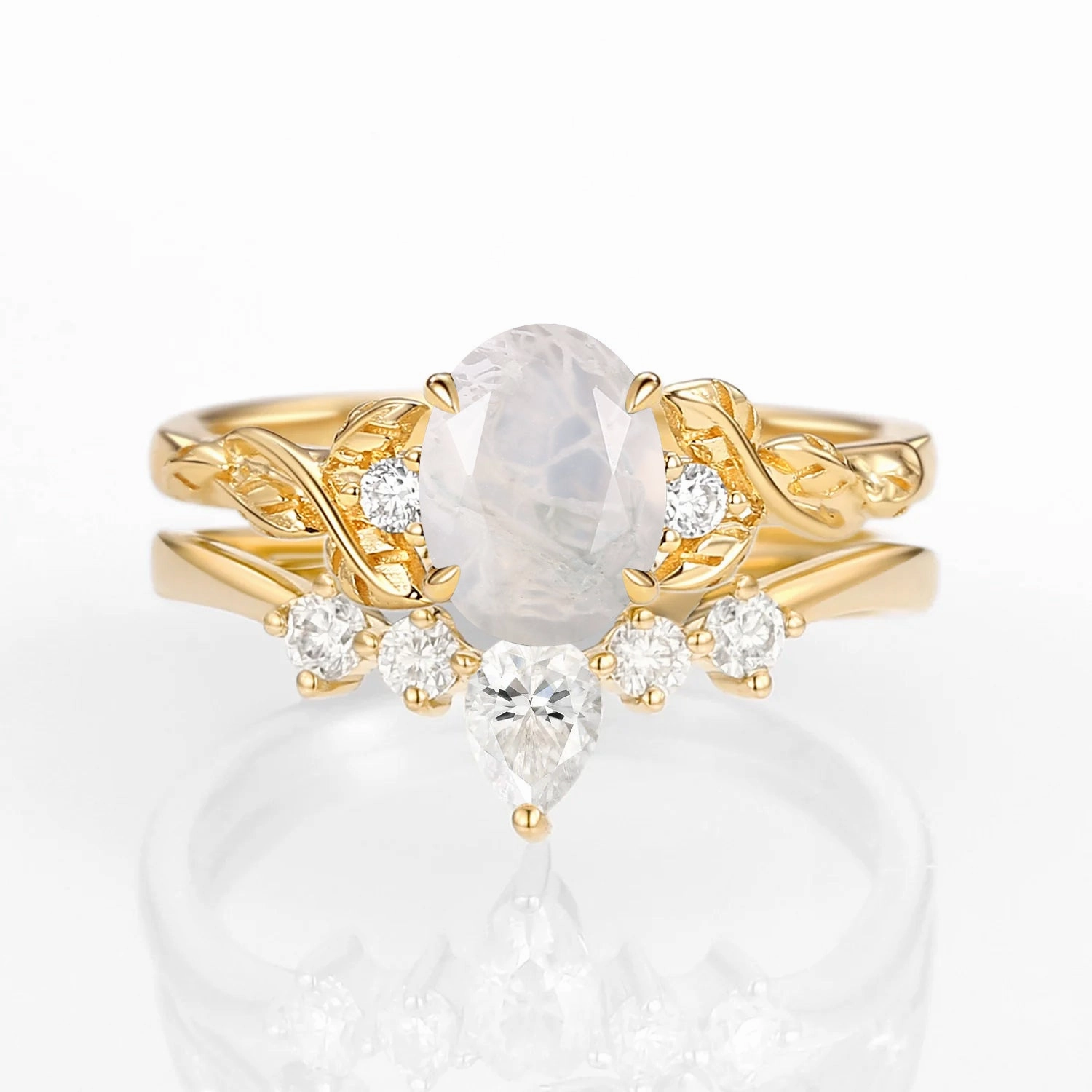 Youth Accessory Oval Shaped White Gold Moss Agate Leafy Ring Set 2pcs