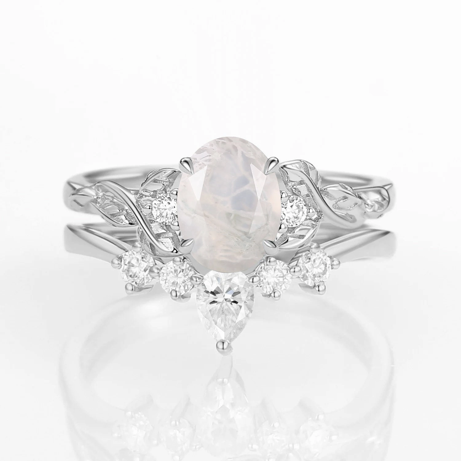 Oval Shaped White Gold Moss Agate Leafy Ring Set 2pcs Personalized Item