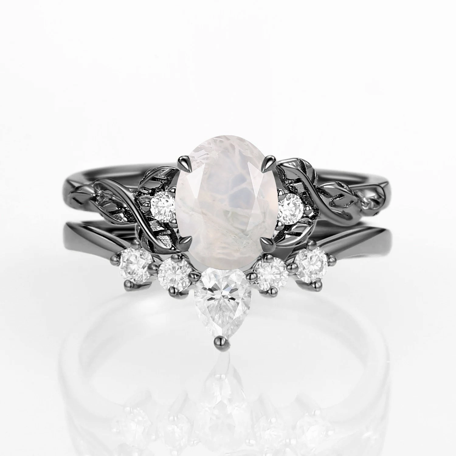 Pure Balance Simple Choice Oval Shaped White Gold Moss Agate Leafy Ring Set 2pcs