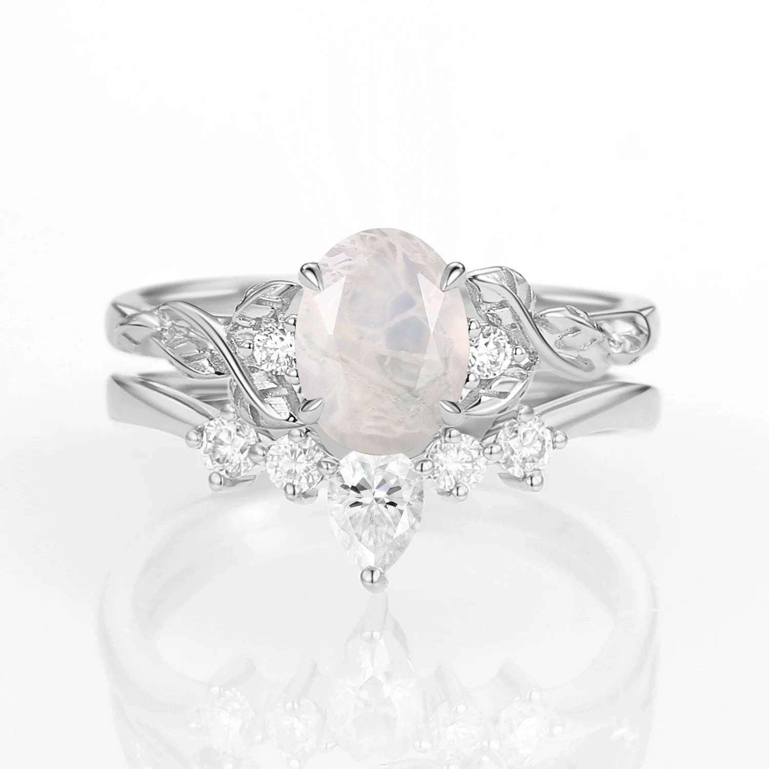 Simple Luxe Oval Shaped White Gold Moss Agate Leafy Ring Set 2pcs