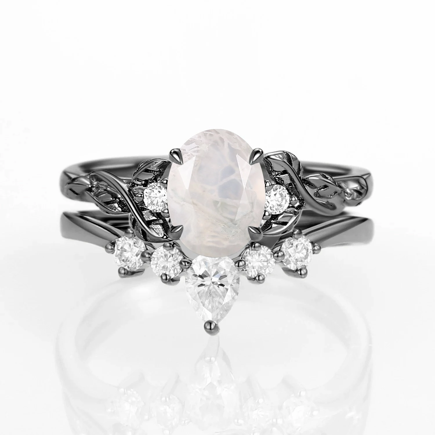 Oval Shaped White Gold Moss Agate Leafy Ring Set 2pcs Urban Feature Glamour Appeal