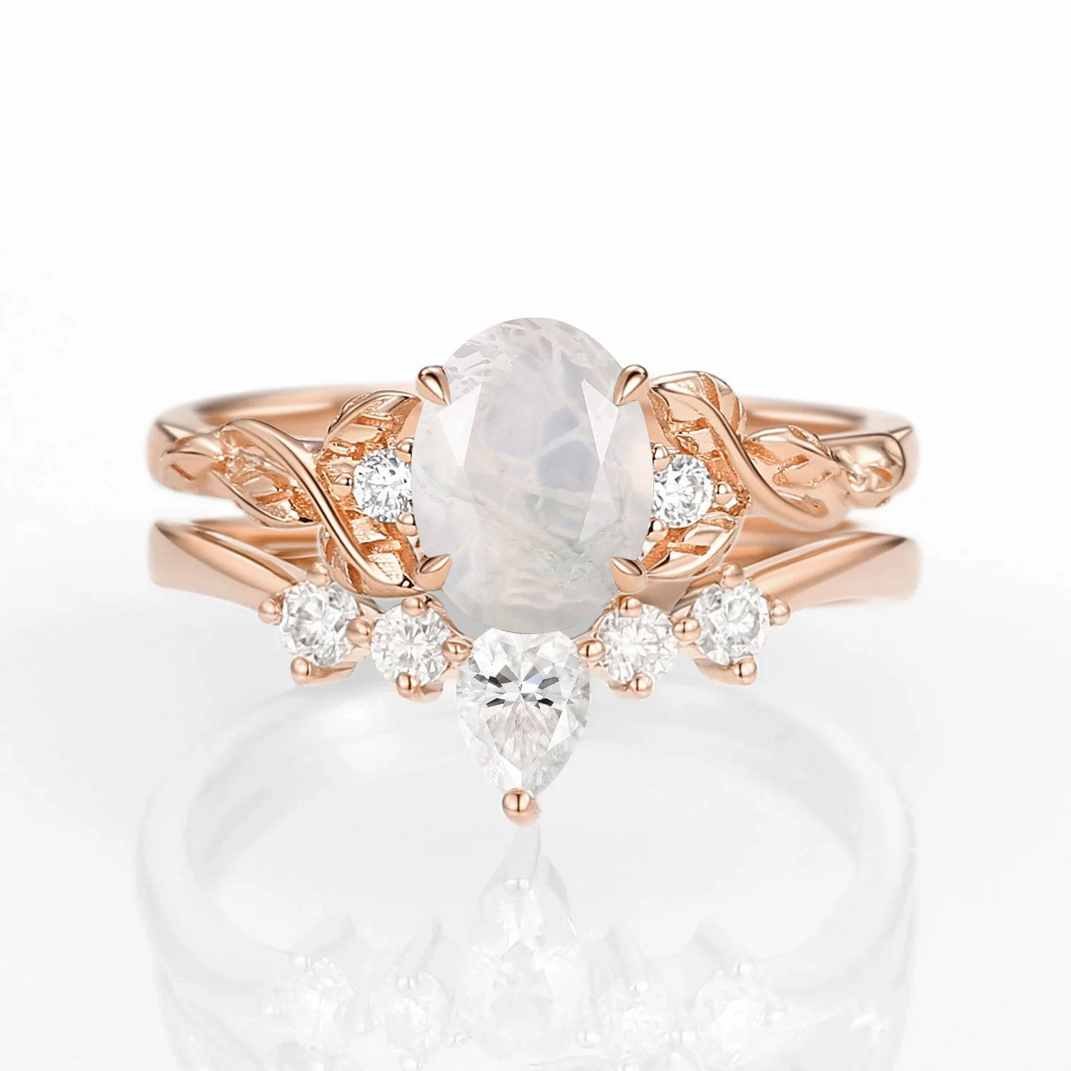 High Class Oval Shaped White Gold Moss Agate Leafy Ring Set 2pcs