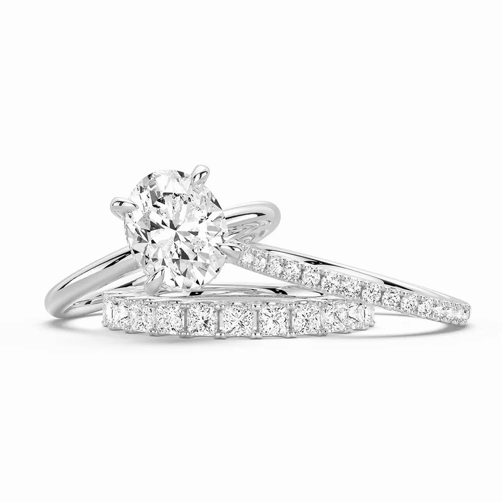 Contemporary Highlight Luxury Finish Oval Solitaire Hidden Halo Moissanite Ring Set with Matching Stacking Band