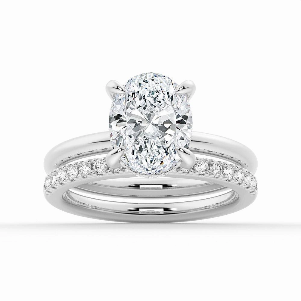 Oval Solitaire Hidden Halo Moissanite Ring Set with Matching Wedding Band Chic Accent