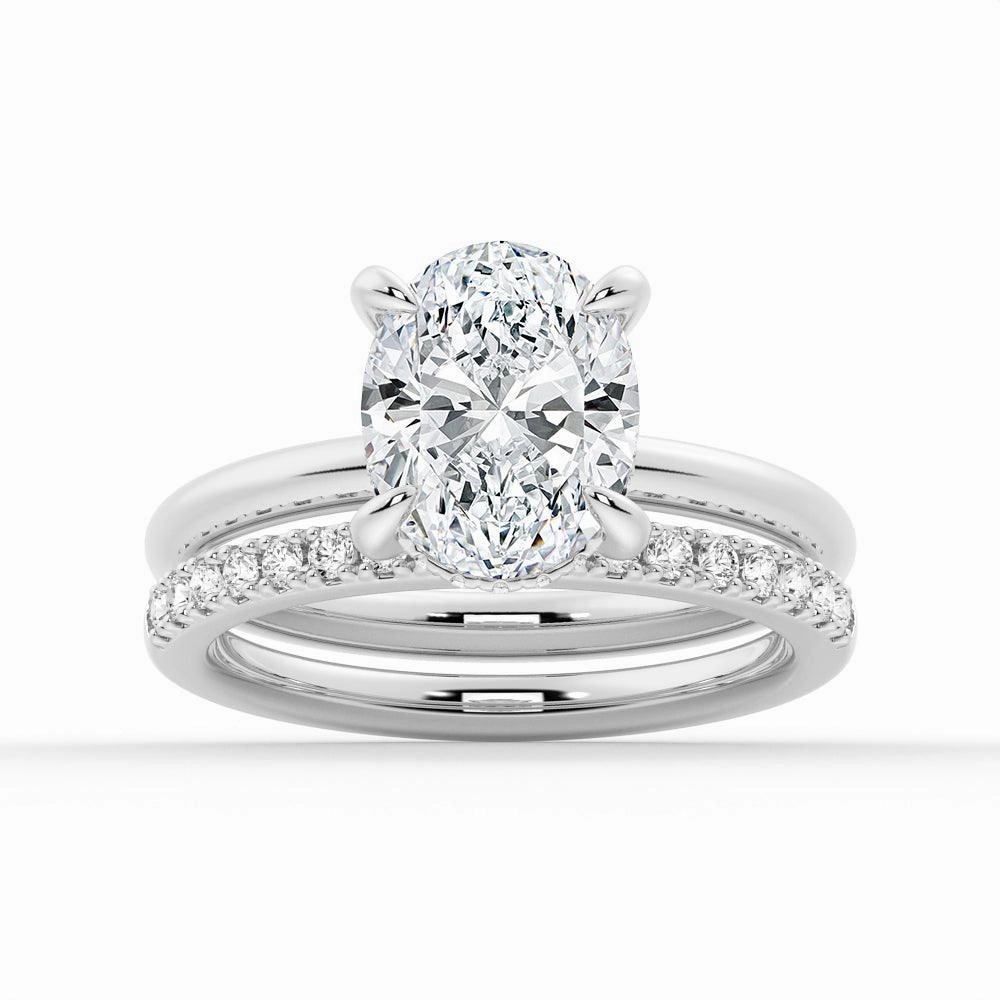Radiant Spark Styled Accent Oval Solitaire Hidden Halo Moissanite Ring Set with Matching Wedding Band