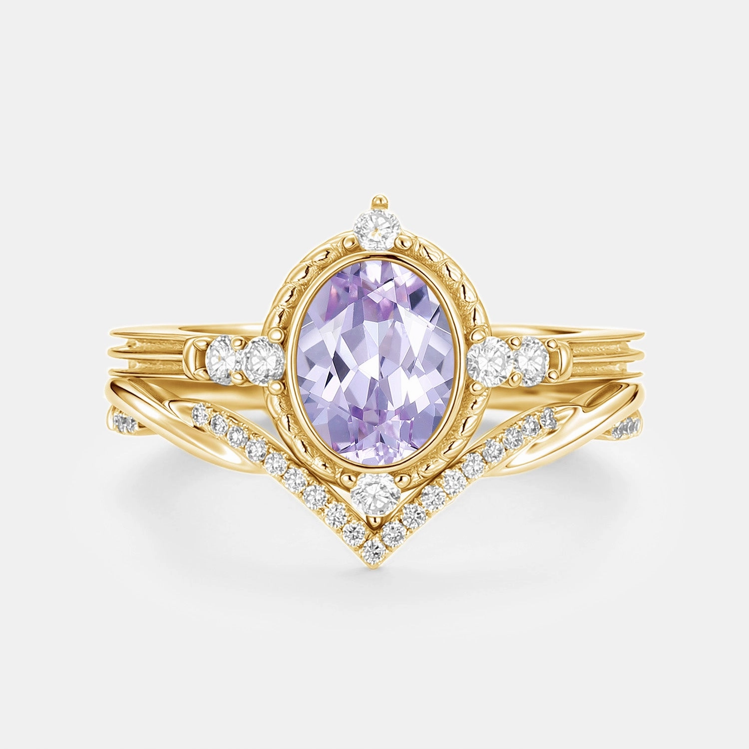 Oval Vintage Lab Lavender Sapphire Engagement Ring Sets 2pcs - Lilac Custom Bauble Durable item