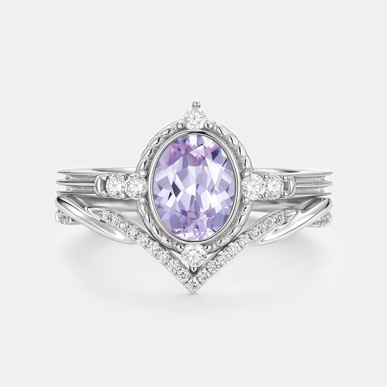 Oval Vintage Lab Lavender Sapphire Engagement Ring Sets 2pcs - Lilac Fashion Statement Elegant Creations