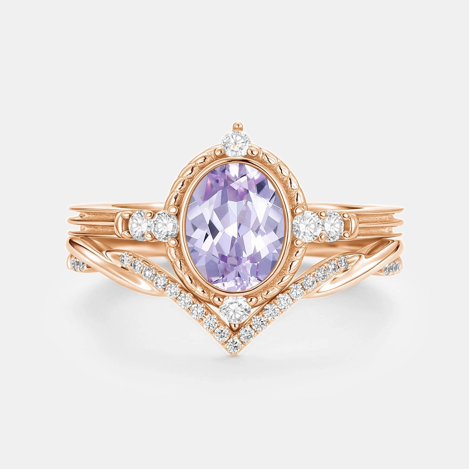 Oval Vintage Lab Lavender Sapphire Engagement Ring Sets 2pcs - Lilac Delicate Style Romantic Symbol