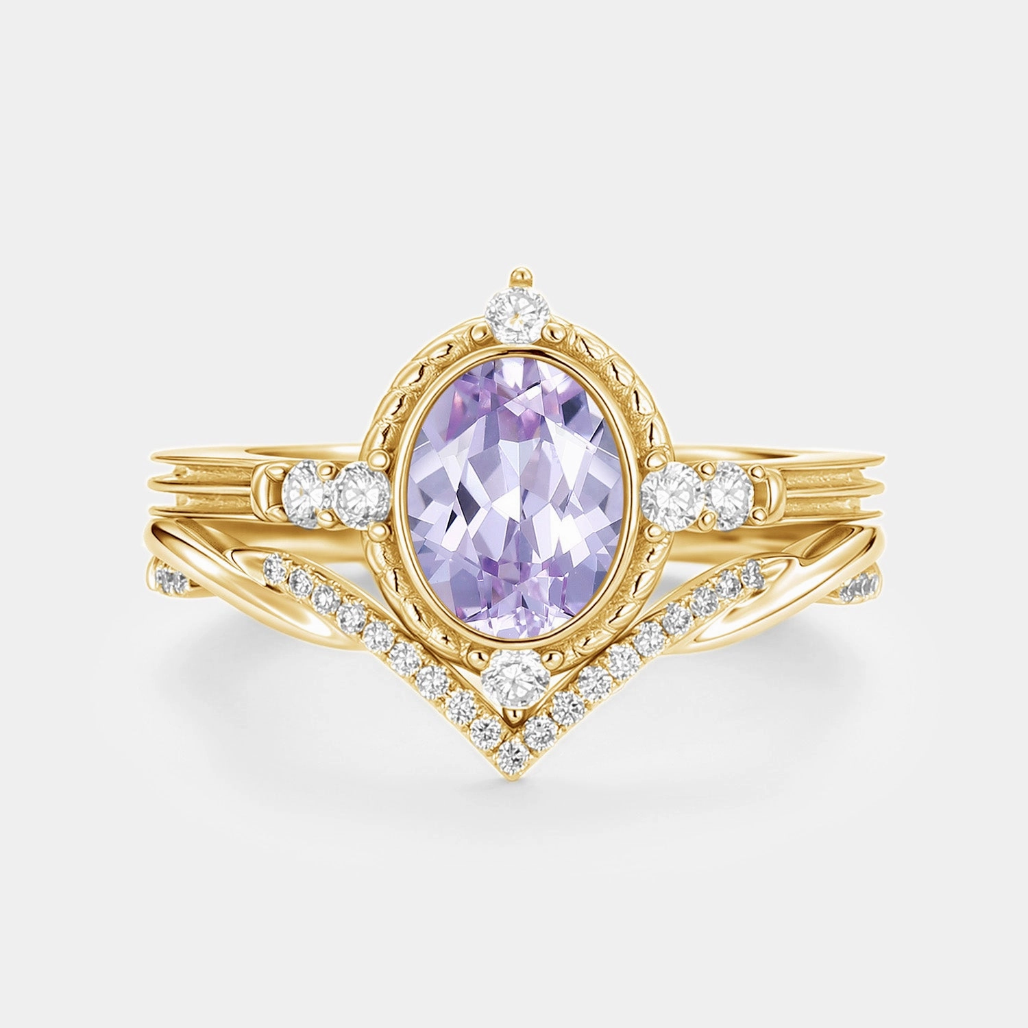 Glow Piece Fashion Collection Oval Vintage Lab Lavender Sapphire Engagement Ring Sets 2pcs - Lilac