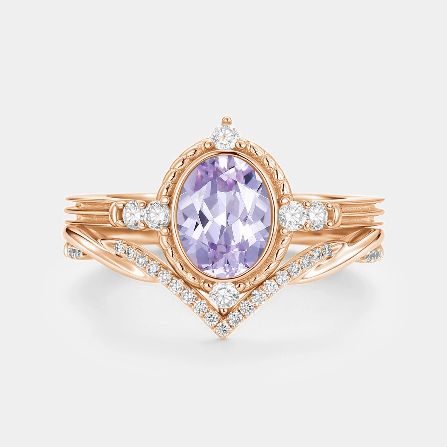 Oval Vintage Lab Lavender Sapphire Engagement Ring Sets 2pcs - Lilac Fine Finish