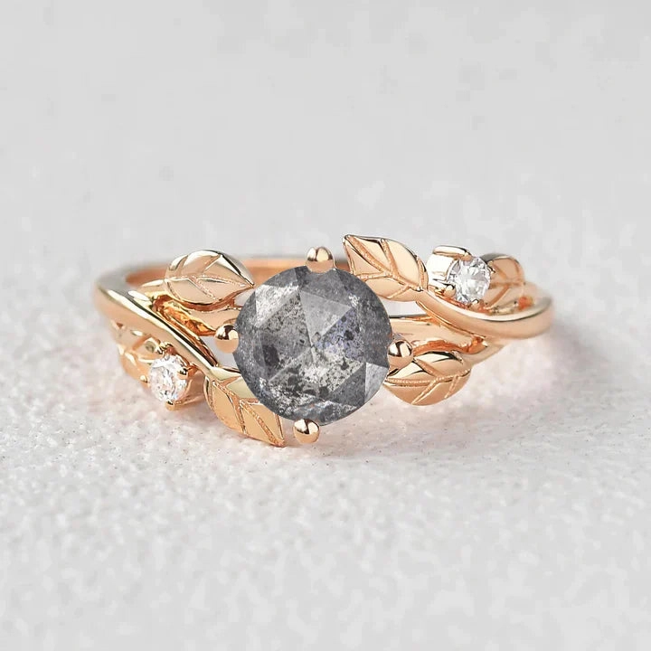 Rose Cut Round Salt and Pepper Diamonds Leaf Engagement Ring Clean Lines Anniversary Jewelry