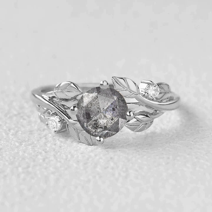 Chic Form Chic Pick Rose Cut Round Salt and Pepper Diamonds Leaf Engagement Ring