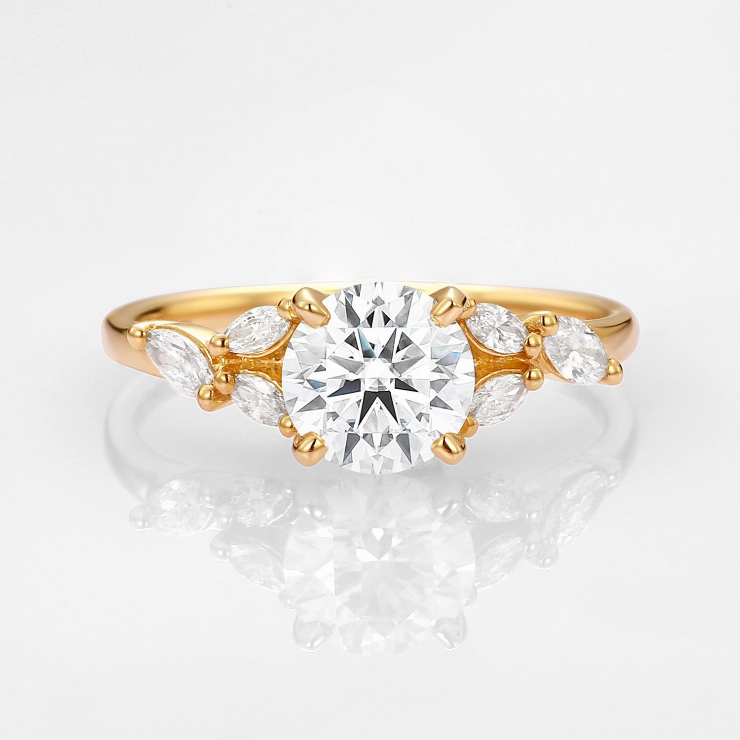 Gleaming Highlight 1.0ct Moissanite Leafy Vine & Cluster Marquise Ring - Alora