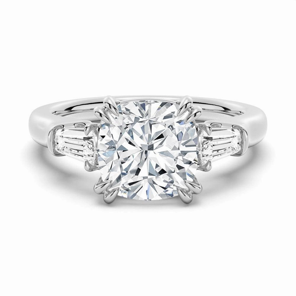 Shining Edge Cushion Cut Moissanite Engagement Ring with Tapered Baguette Side Stones