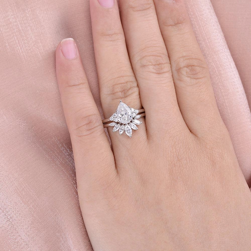 Pear Shaped Moissanite White Gold Cluster Ring Set 2pcs Handcrafted Design