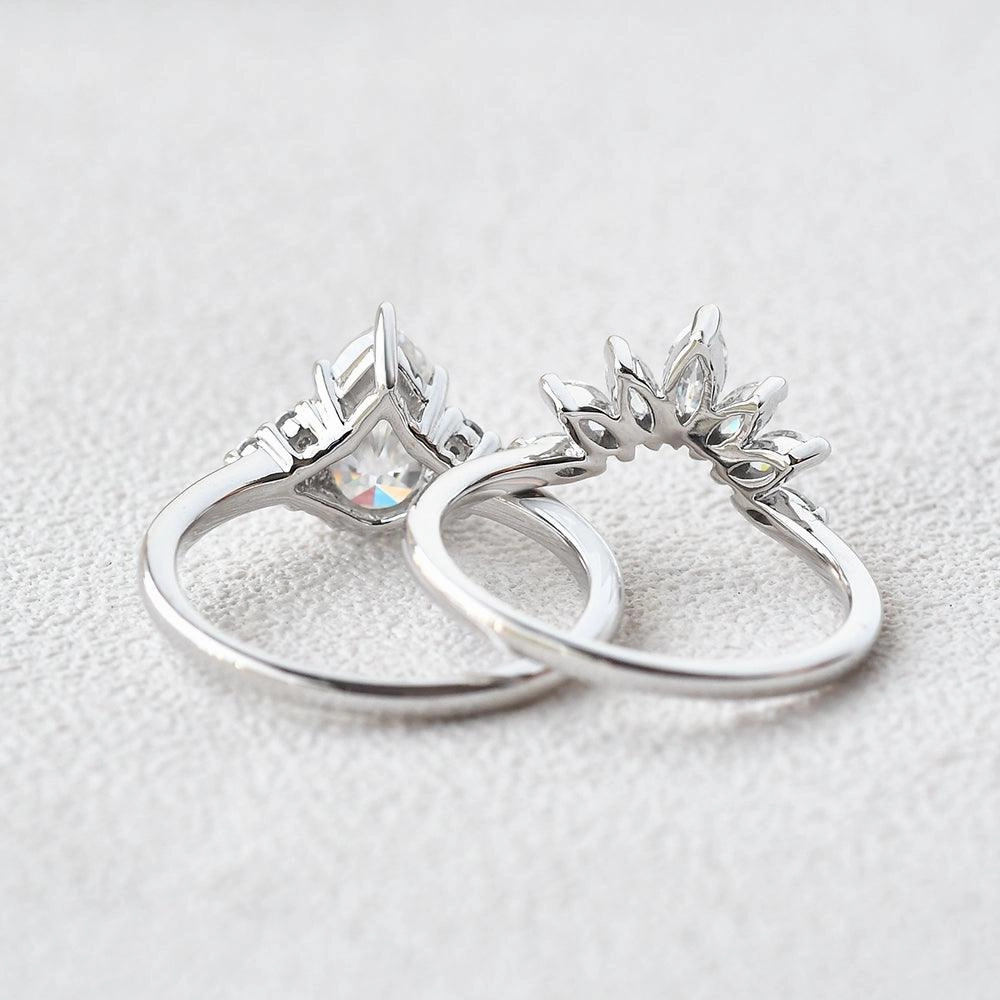 Pear Shaped Moissanite White Gold Cluster Ring Set 2pcs Polished Stones Radiant Detail