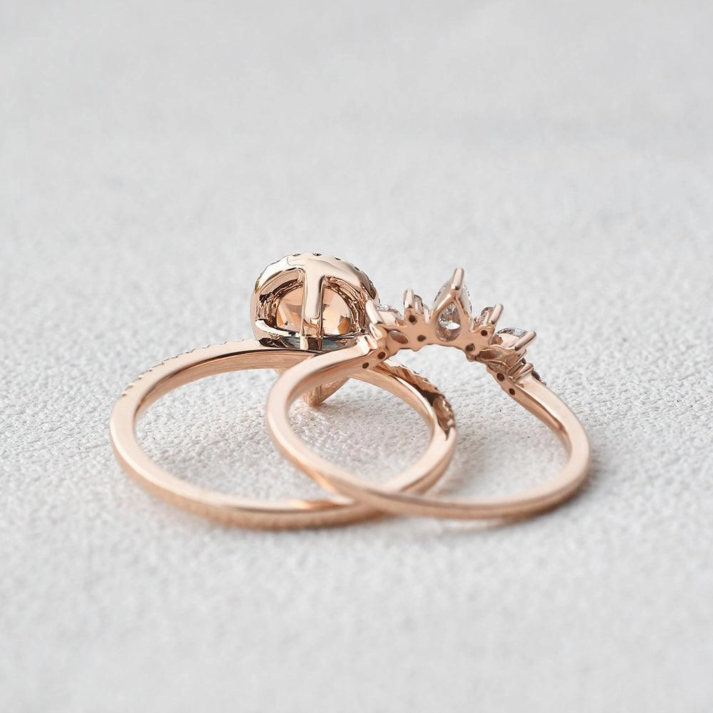 Rigid Structure Fashionable Art Peachy Morganite & Moissanite Halo Ring Set 2pcs