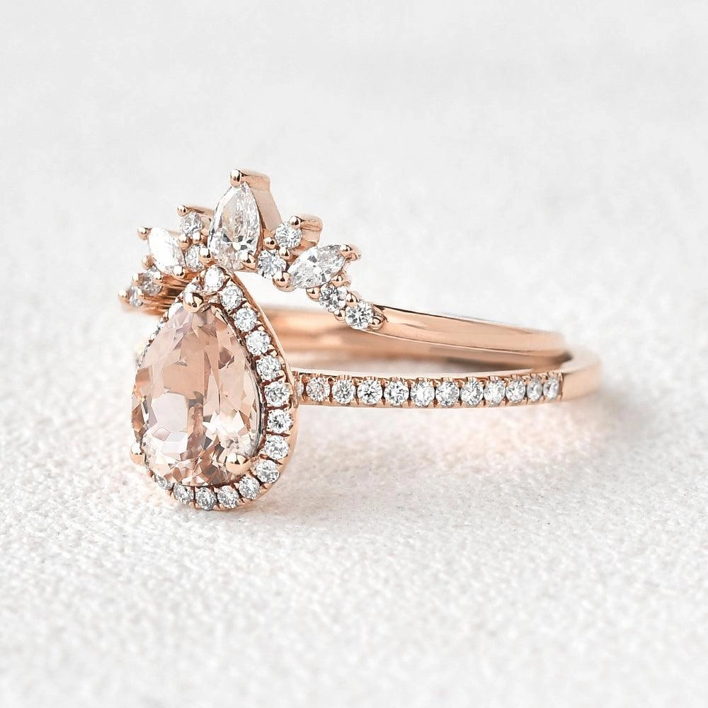 Peachy Morganite & Moissanite Halo Ring Set 2pcs Sentimental Expression Custom Emblem