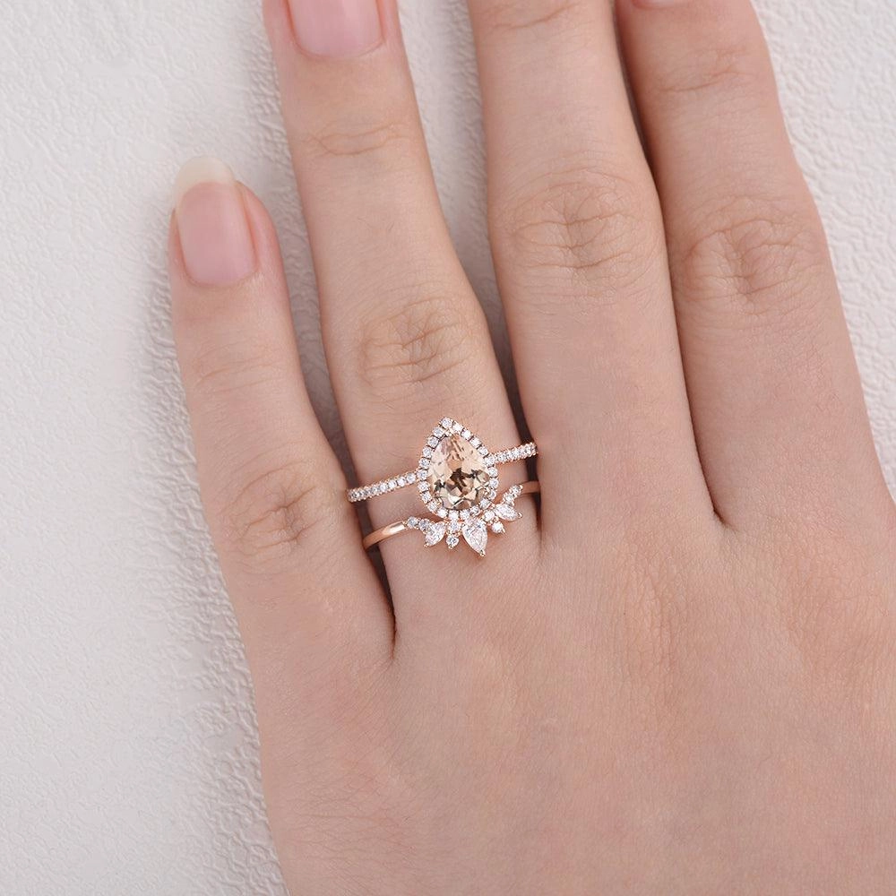 Polished Design Peachy Morganite & Moissanite Halo Ring Set 2pcs