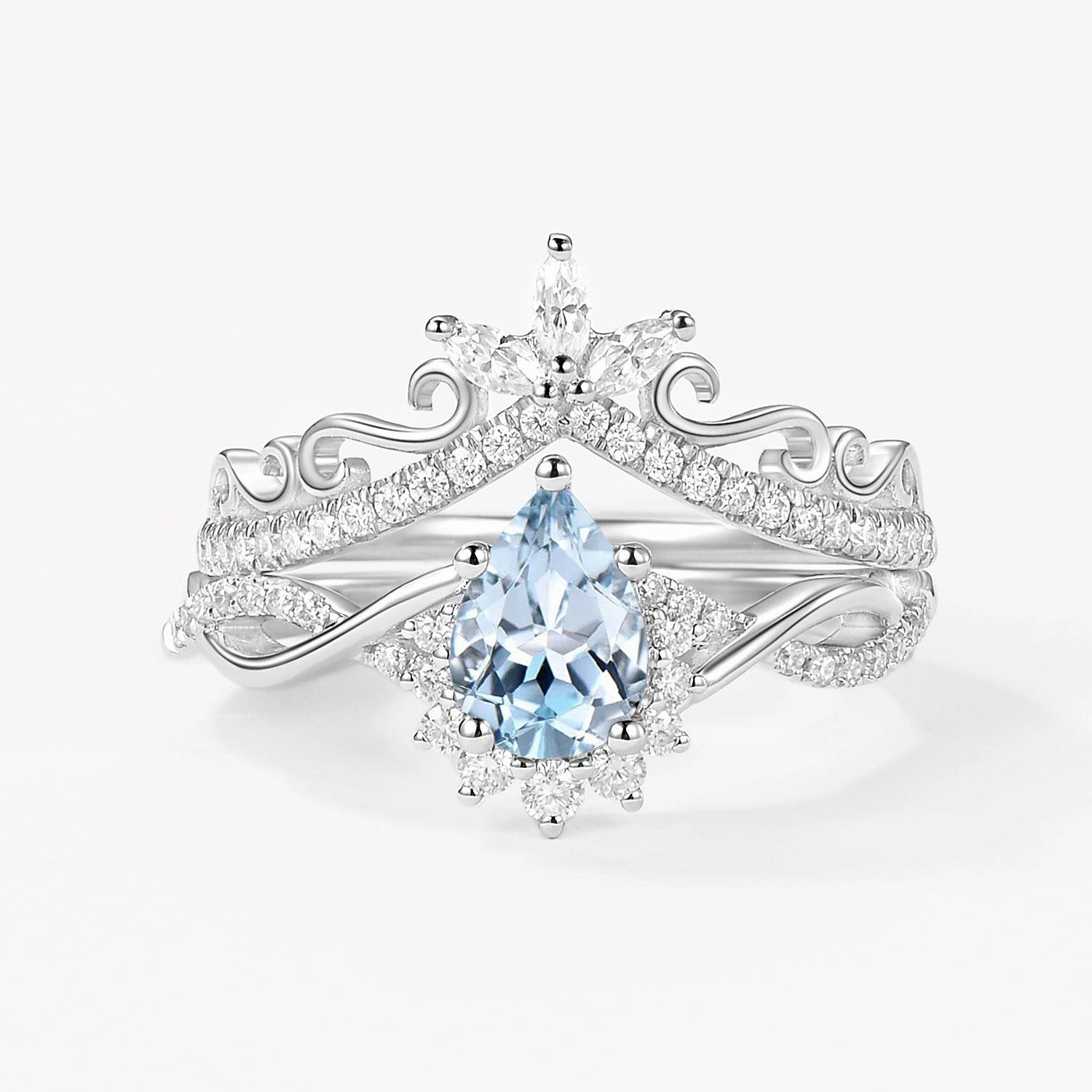 Pear Aquamarine Infinity Luxury Ring Set 2pcs - Aria Chic Design