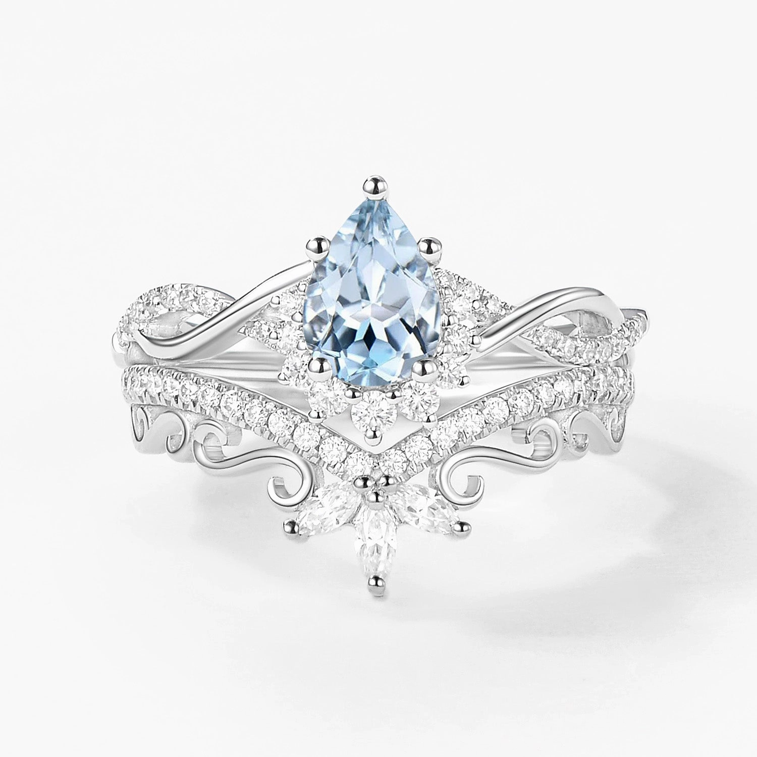 Pear Aquamarine Infinity Luxury Ring Set 2pcs - Aria Classic Choice Secure Gift