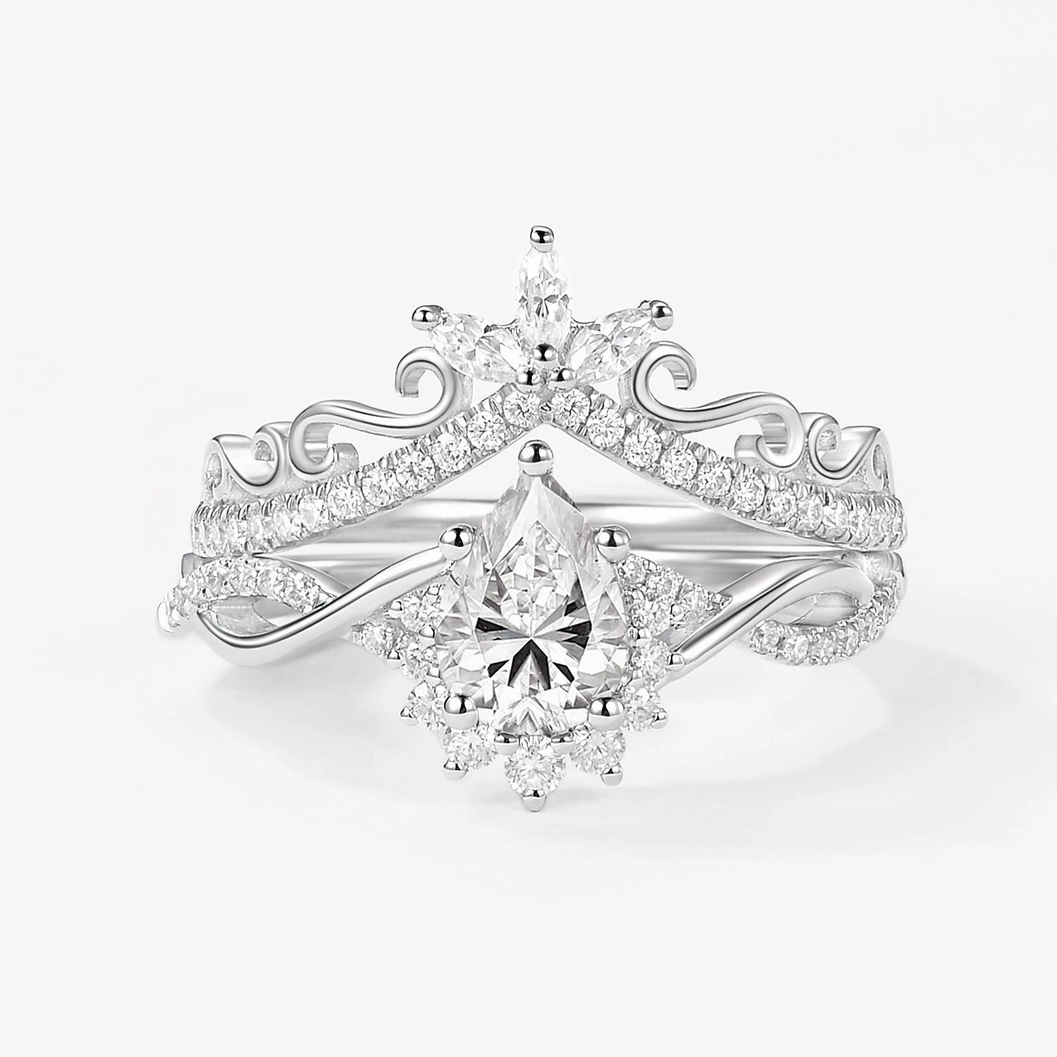 Warm Light Vivid Detail Pear Aquamarine Infinity Luxury Ring Set 2pcs - Aria