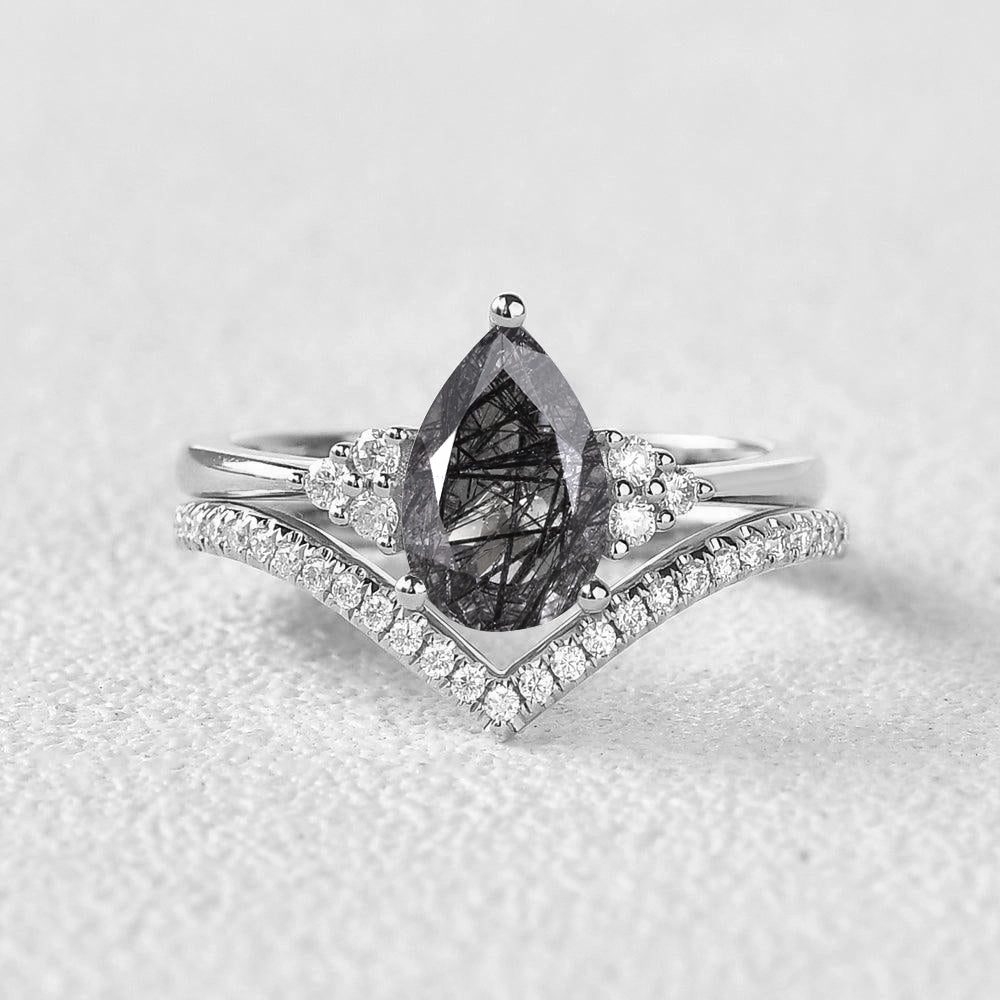 Traditional Creation Vintage Memento Pear Cut Black Rutilated Quartz Classic Engagement Ring Set 2pcs