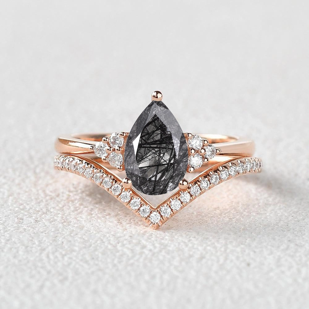 Fashion Goods Pear Cut Black Rutilated Quartz Classic Engagement Ring Set 2pcs