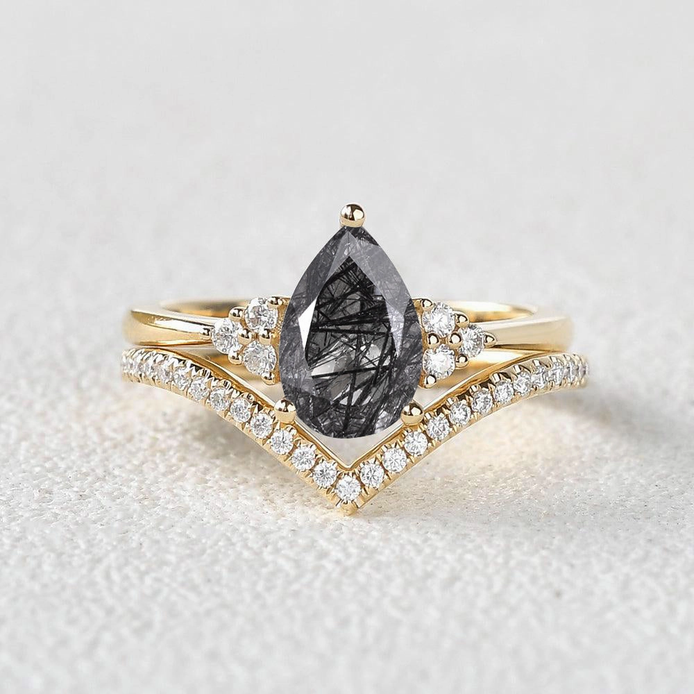 Fantastic Work Pear Cut Black Rutilated Quartz Classic Engagement Ring Set 2pcs