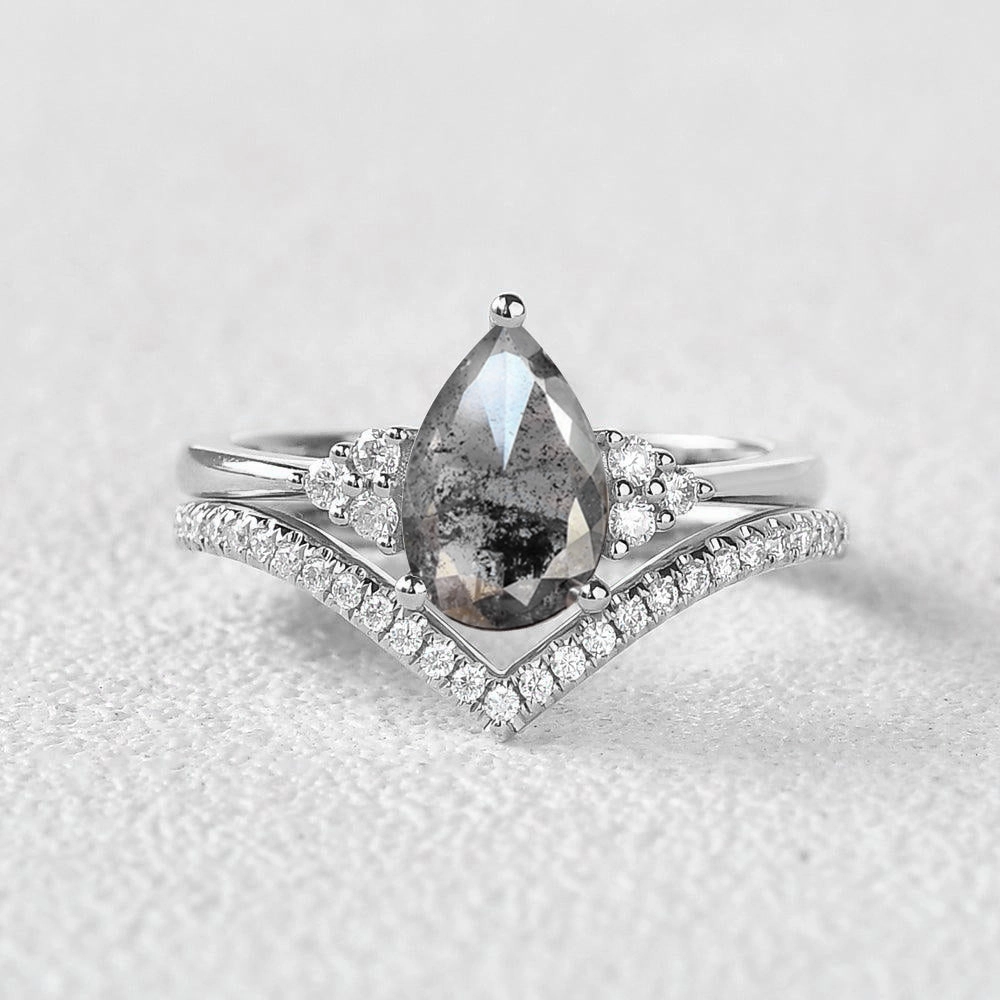 Pear Cut Black Rutilated Quartz Classic Engagement Ring Set 2pcs Fashionable Choice Resilient Build