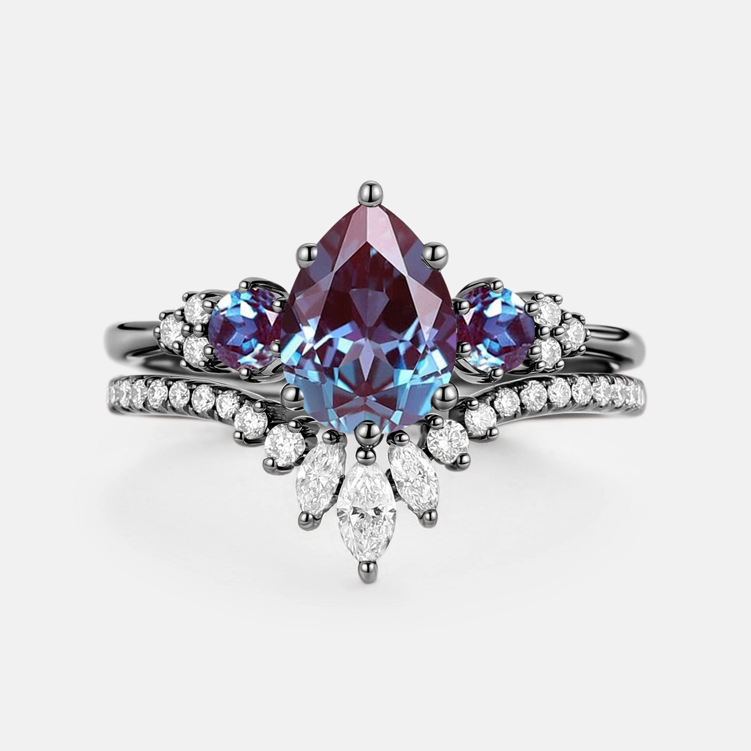 Classic Appearance Pear Cut Lab Alexandrite & Moissanite Cluster Ring Set 2pcs - Lexi