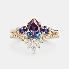 Timeless Style Display Model Pear Cut Lab Alexandrite & Moissanite Cluster Ring Set 2pcs - Lexi