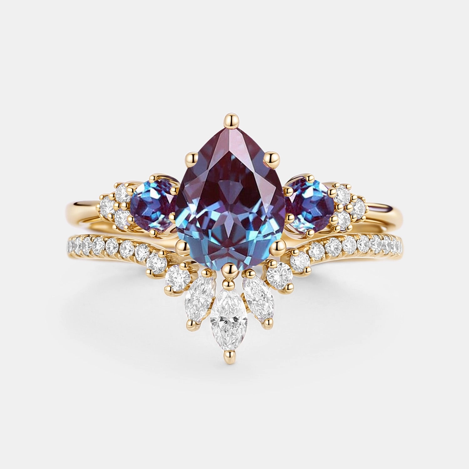 Timeless Style Display Model Pear Cut Lab Alexandrite & Moissanite Cluster Ring Set 2pcs - Lexi