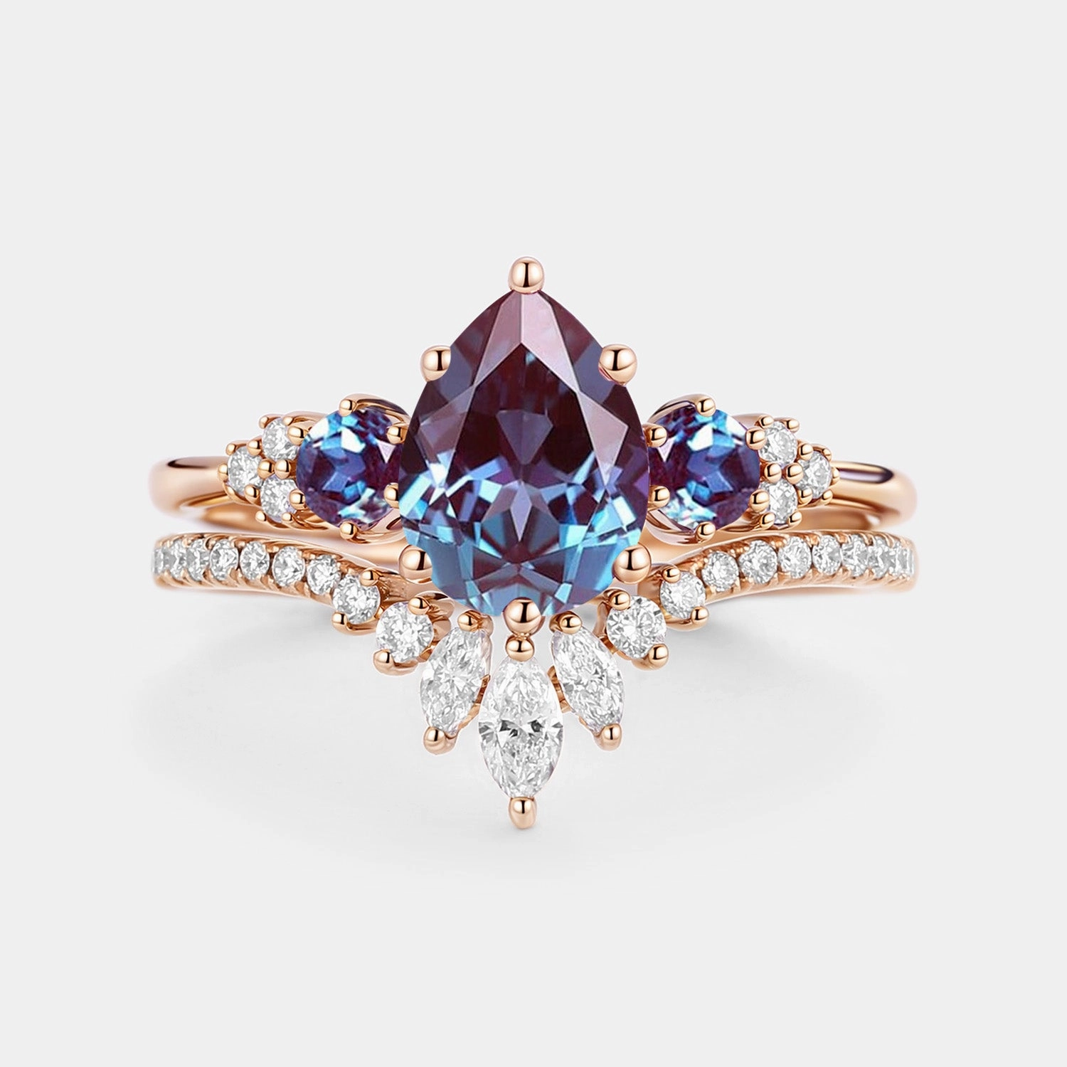Pear Cut Lab Alexandrite & Moissanite Cluster Ring Set 2pcs - Lexi Low-Cost Symbol Groundbreaking Design