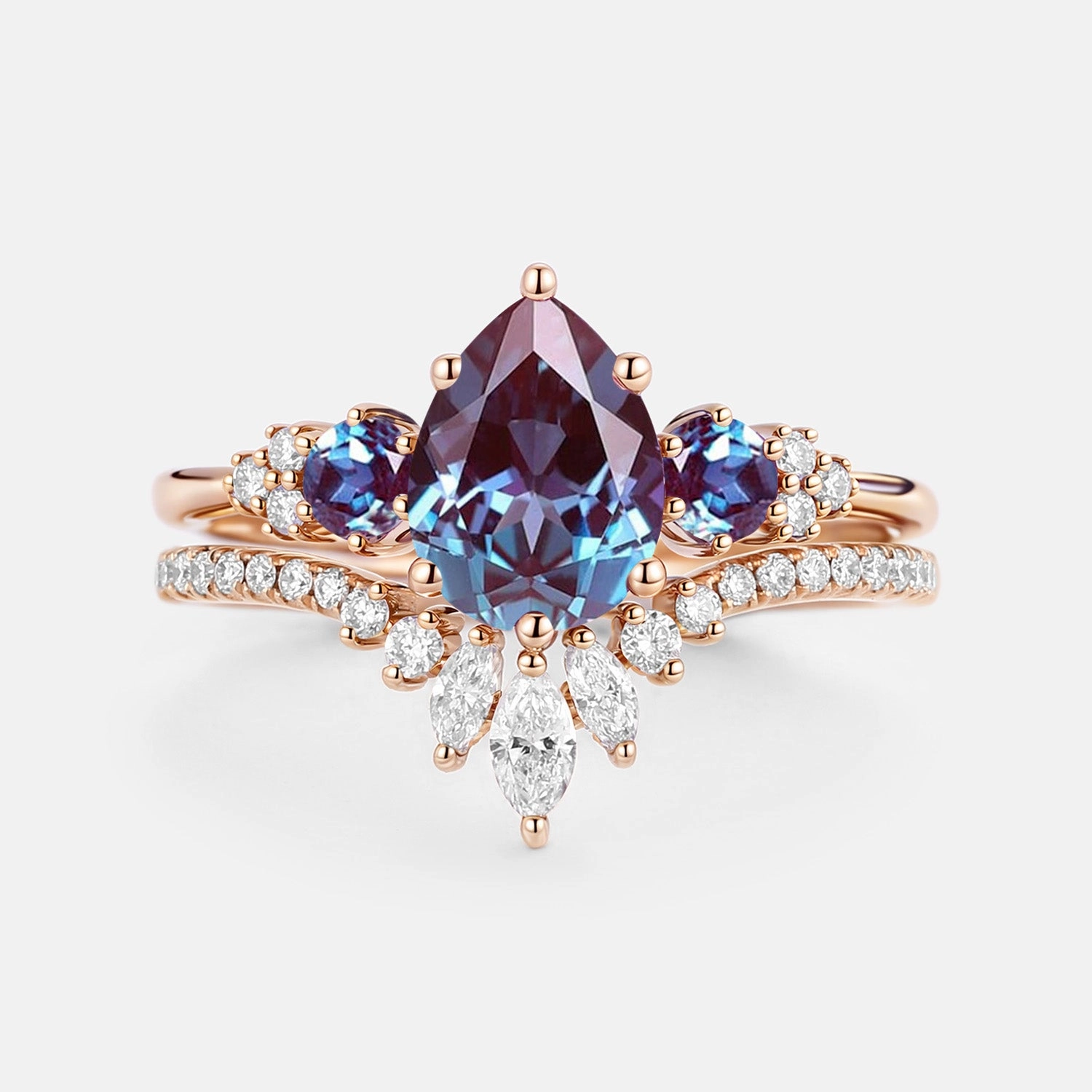 Pear Cut Lab Alexandrite & Moissanite Cluster Ring Set 2pcs - Lexi Excellent Adornment