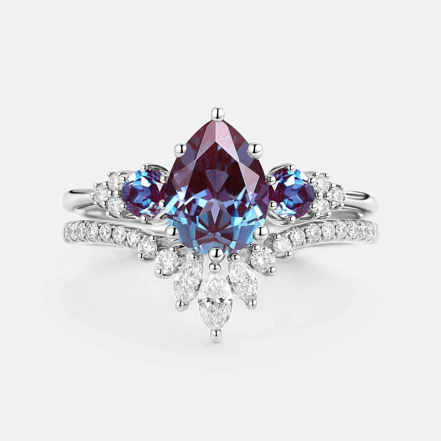 Branded item Pear Cut Lab Alexandrite & Moissanite Cluster Ring Set 2pcs - Lexi