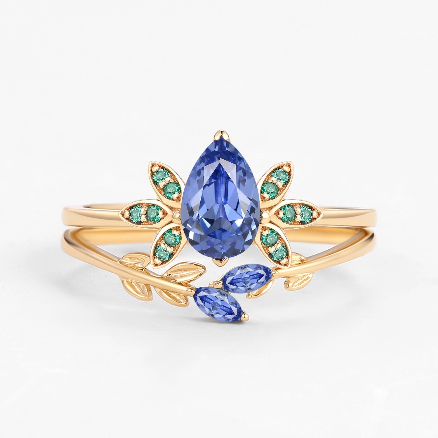 Pear Cut Lab Cornflower Blue Sapphire Leafy Ring Set 2pcs Meaningful Statement