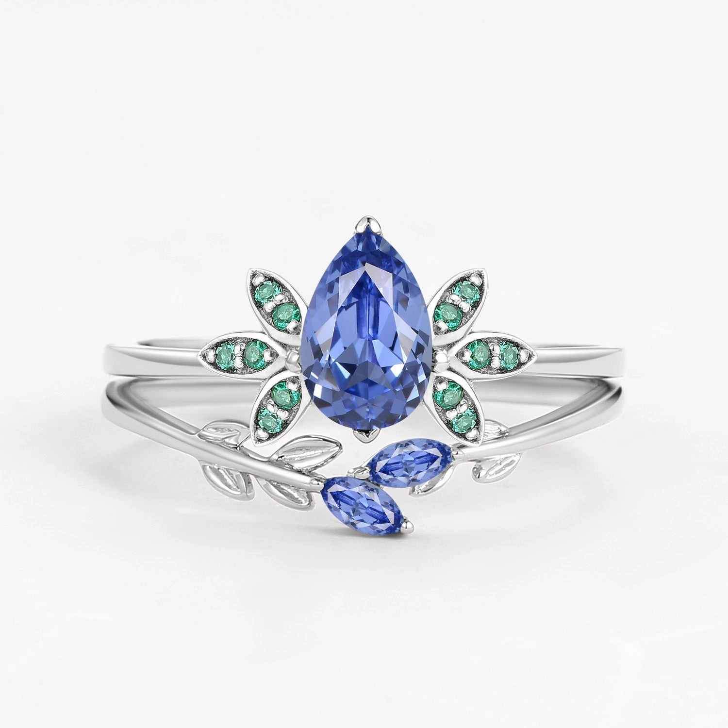 Pear Cut Lab Cornflower Blue Sapphire Leafy Ring Set 2pcs Daytime Look Romantic Accessory