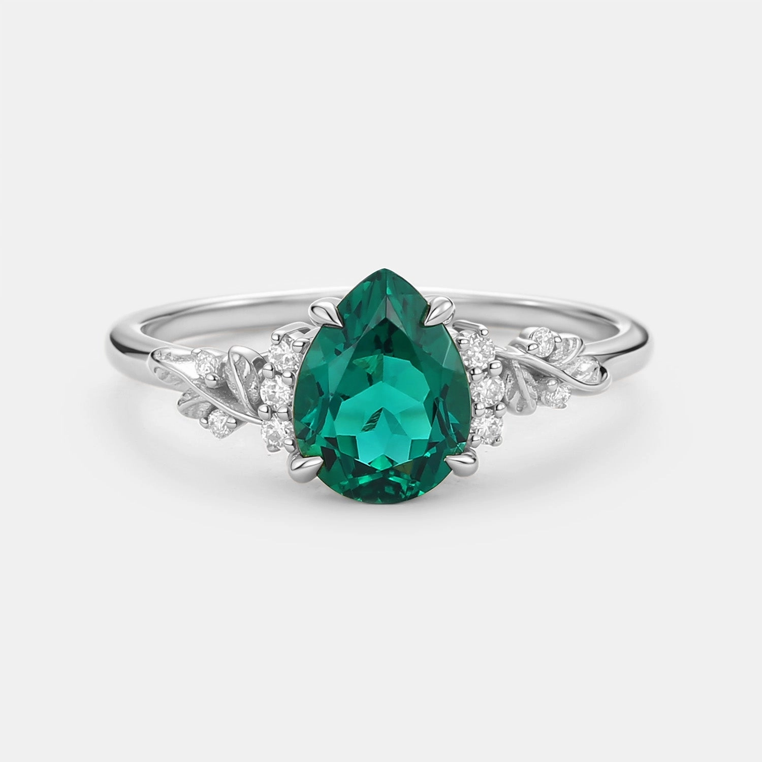Pear Cut Lab Emerald Leaf Engagement Ring - Verdant Artful Detail Dainty Pop