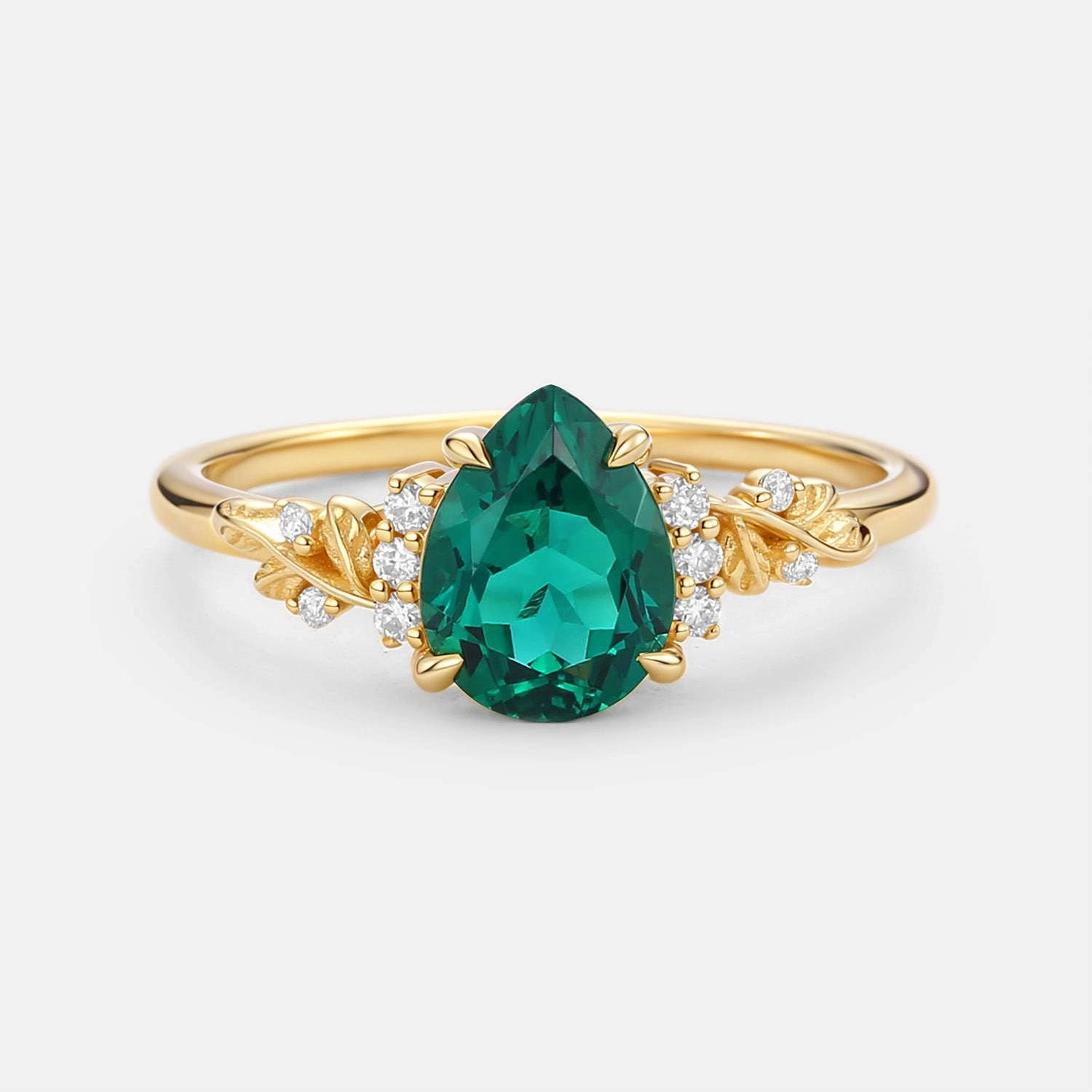 Handcrafted Ornament Office Accent Pear Cut Lab Emerald Leaf Engagement Ring - Verdant