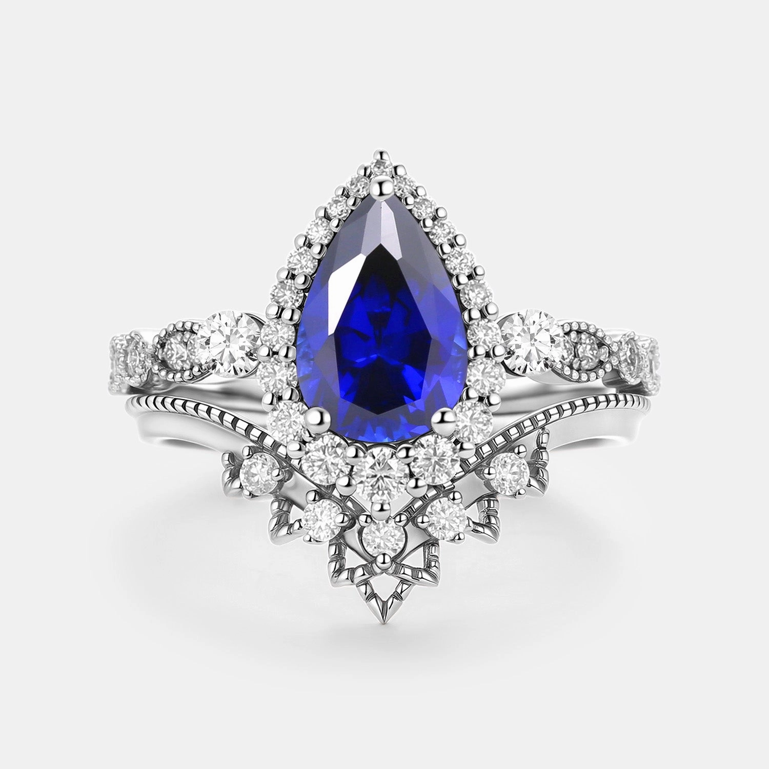 Pear Cut Lab Emerald Vintage Engagement Ring Set 2pcs - Greta Elegant Set Classic Keepsake