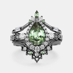 Pear Cut Lab Green Sapphire & Pearl Ring Sets 3pcs - Dew Sharp Silhouette