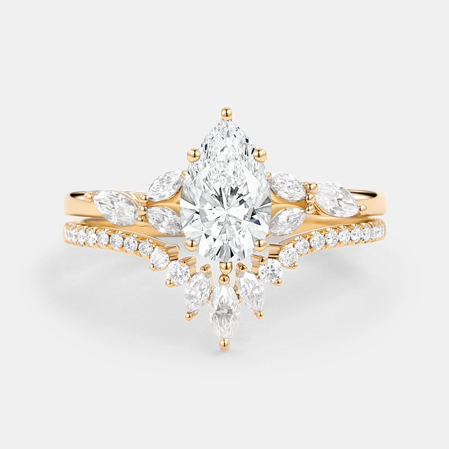 Soft Polish Pear Cut Lab Grown Diamond Classic Ring Set 2pcs - July