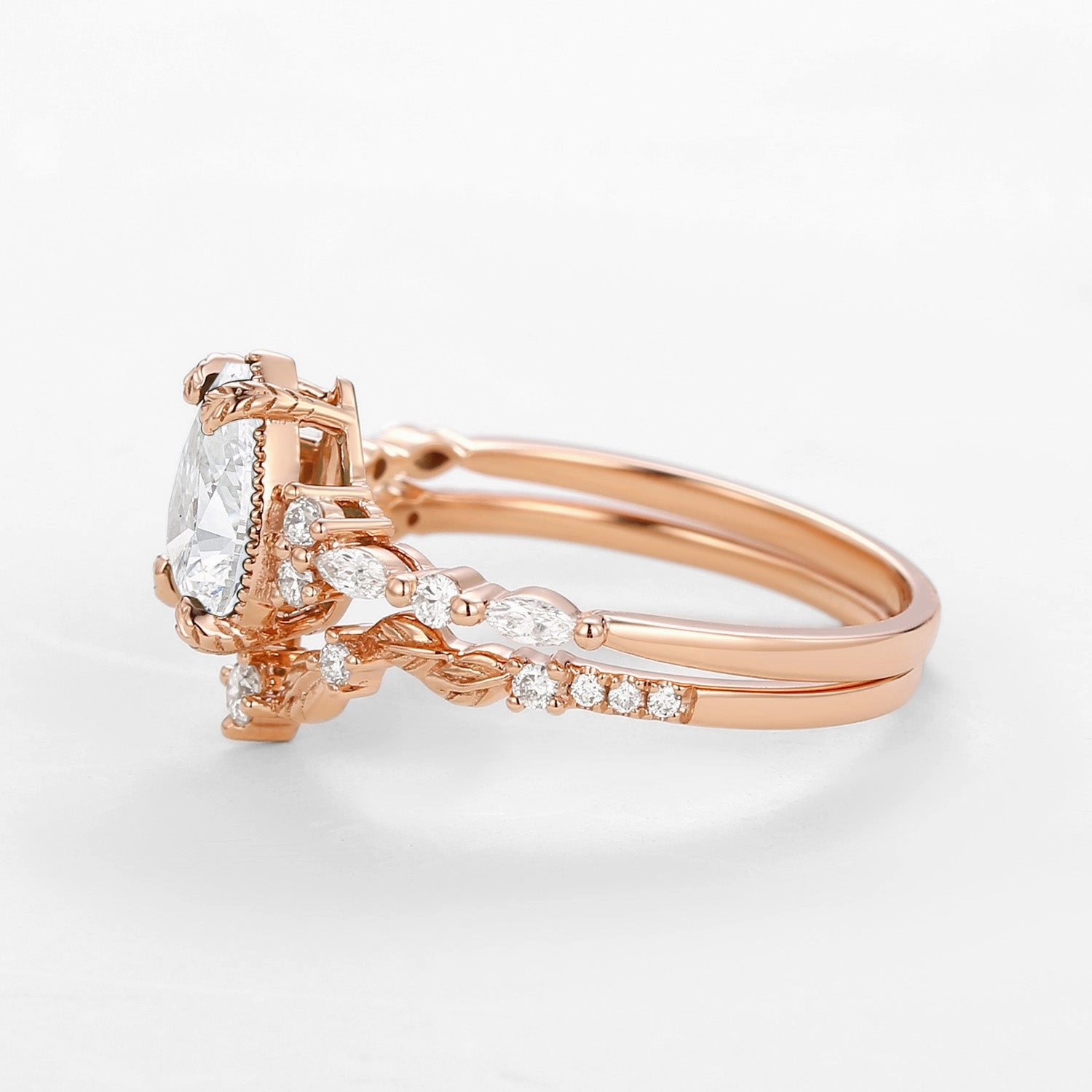 Easy Clean Pear Cut Lab Grown Diamond Leafy Ring Set 2pcs - Bryony