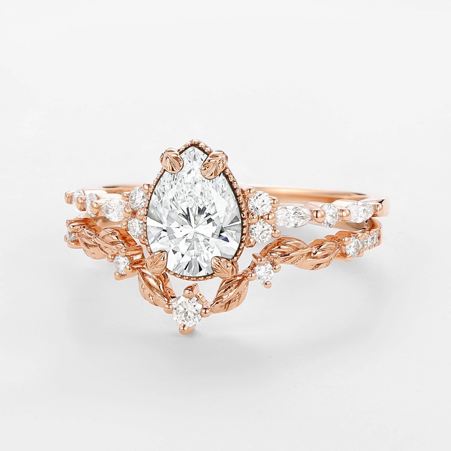 Pear Cut Lab Grown Diamond Leafy Ring Set 2pcs - Bryony Brilliant Accessory for all ages
