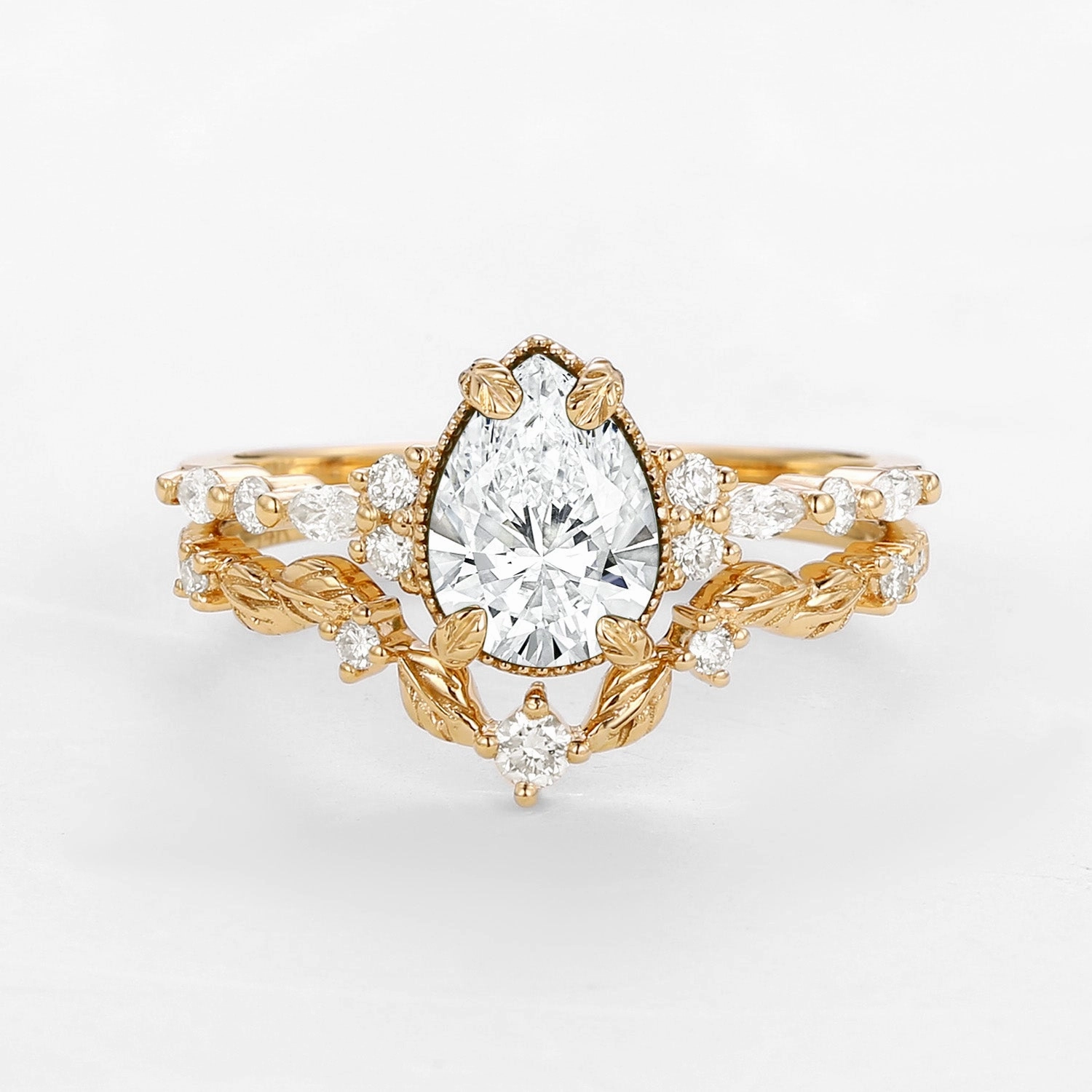 Pear Cut Lab Grown Diamond Leafy Ring Set 2pcs - Bryony light texture