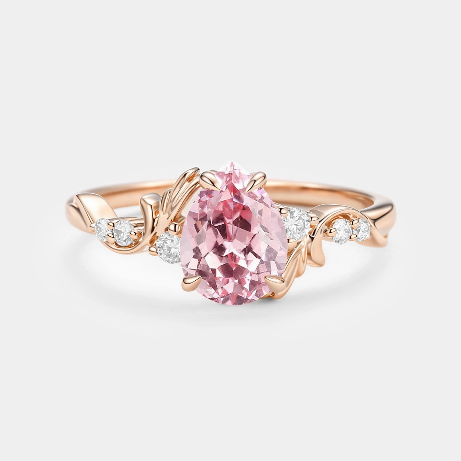 Pear Cut Lab Pink Sapphire Leafy Engagement Ring - Briar Vivid Present Handcrafted Jewelry